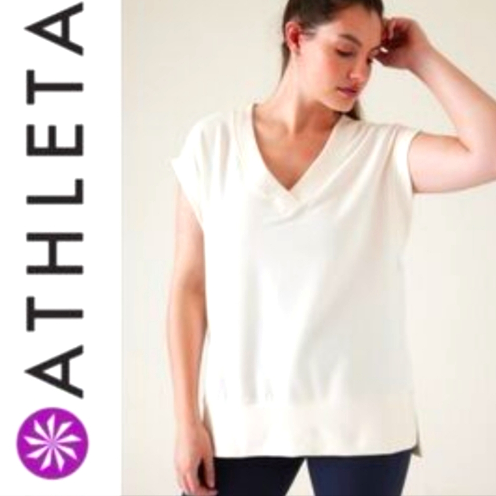 ATHLETA Large Retroterry V-Neck Sweatshirt Tee  Sleeveless Cream Ivory
